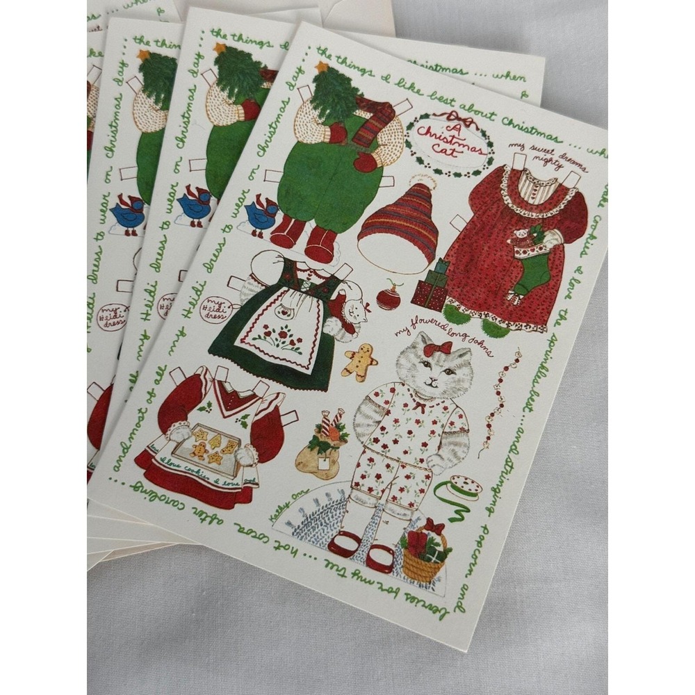 6 Christmas Cards By Kathy Orr Cat Paper Doll Greeting Envelopes Unused 1983